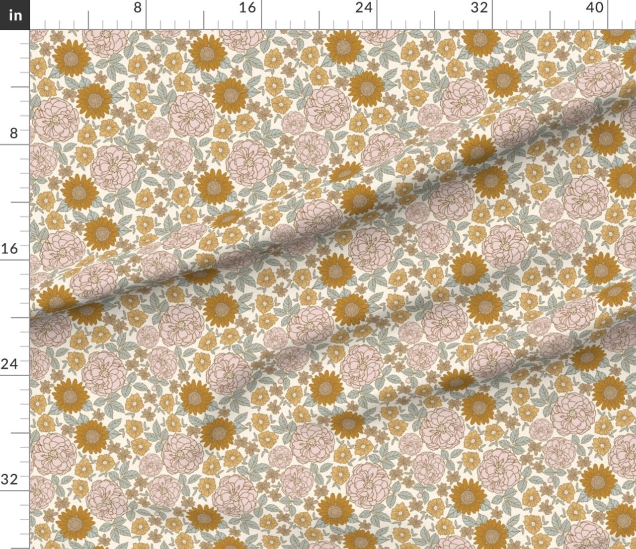 Mustard Gold Blush Western Floral Feminine Meadow Wildflowers Country Custom Printed Fabric by Spoonflower Various Fabrics by the Yard or Fat Quarter